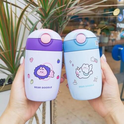 280ml Cartoon Stainless Steel Thermos Mug With Straw Portable Silicone Rope Kids Thermal Water Bottle Child Tumbler Thermocup