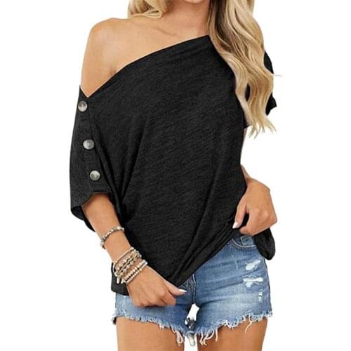 Plus Size Women Sexy T-shirt Short Sleeve Solid Color Off Shoulder Buttons Casual Loose Oversized Top Tee Summer 2021
