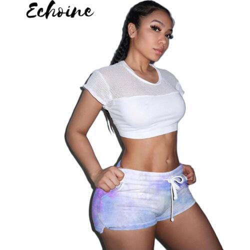 Echoine Women Fashion Tie Dye Casual Shorts Drawstring Track Bottoms Skinny Trousers Sportswear Five Colors Plus Size S-XXL