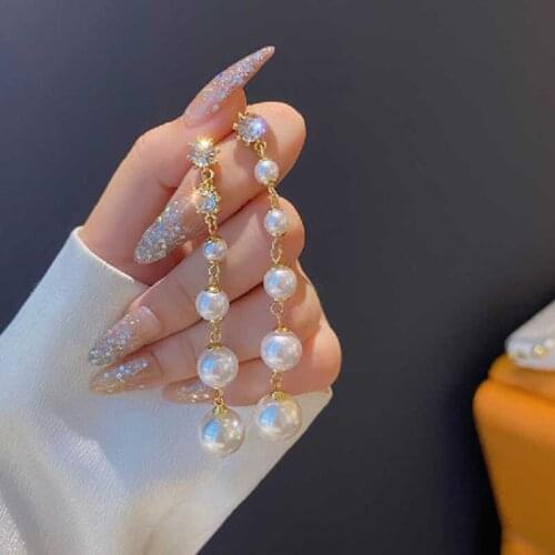 925 New Trendy Asymmetric Flashing Diamond Pearl Long Tassel Earrings Light Luxury Ladies Temperament Earrings For Women Jewelry