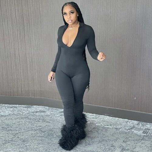 Womens Jumpsuit Hipster Invisible Zipper Deep V Neck Long Sleeve One Piece Overalls Active Wear Workout Sporty Skinny Catsuit