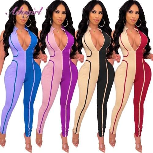 Casual Color Patchwork Romper Women Fitness Zippers Sleeveless V Neck Sporty Jumpsuit Sexy Party Club One Piece Overalls Outfit