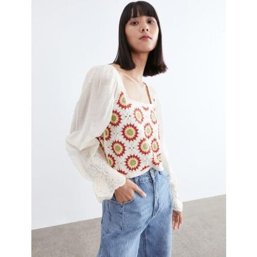 Za 21 fall new fake two short-cut stitching Jacquard square-necked sweater long-sleeved Blouse
