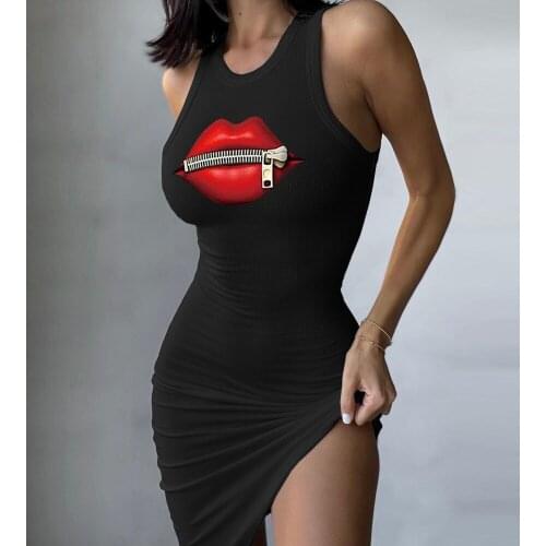 2021 Summer Sexy Lips Print Bodycon Party Dress Women Fashion Off Shoulder Slim Dresses Ladies Fashion Casual O Neck Rib Dress