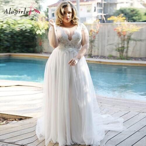 Lace Plus Size Wedding Dress V Neckline Cap Sleeves Wedding Gown Simple Tulle Bride Dress vestidos de novia 2020