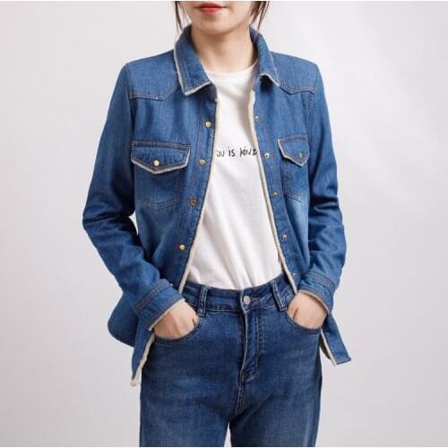 Winter women fashion slim fleece thickening thermal casual jean outerwear female trendy denim blouse