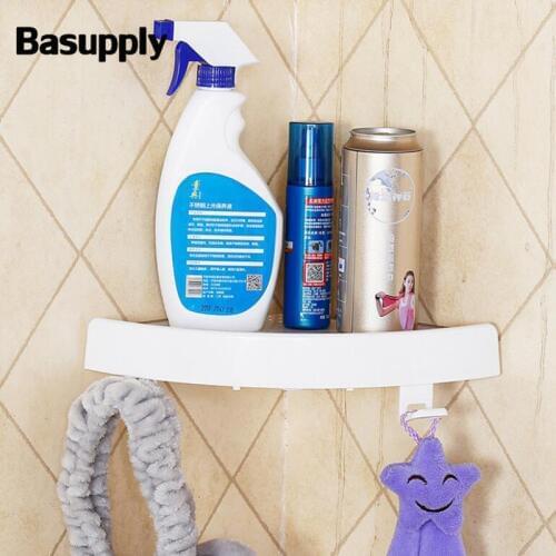 BASUPPLY 1Pc Makeup Bathroom Corner Shelf Wall Corner Mount Storage Holder Shaver Makeup Rack With Hooks Accessories