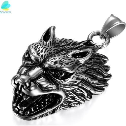 BONISKISS 316L Gun-Black Stainless Steel Wizard Witcher Norse Vikings Wild Wolf Head Pendants Men Jewelry Charm with Chain