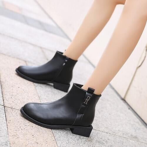 PU Leather Winter Boots Zipper Square Heel Black Ankle Boots Fashion Warm Fur Plush Women Boots Dropshipping Plus Size