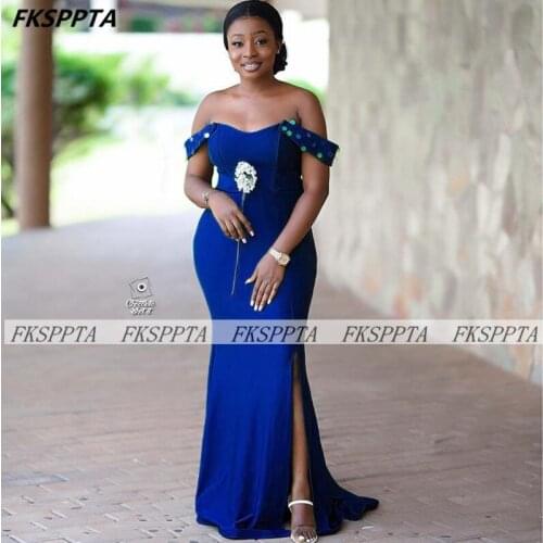 Long Mermaid Royal Blue Bridesmaid Dresses Off The Shoulder Side Slit Black Girls Wedding Party Formal Gowns Plus Size