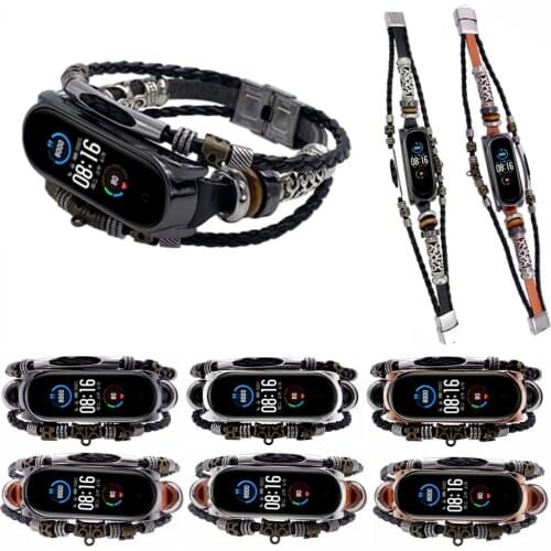 For Mi Band 5 watch Fashion Retro Strap For Mi Band 3/4/5 Wrist Strap Leather Watchbands Replacement Leather Beading Bracelet