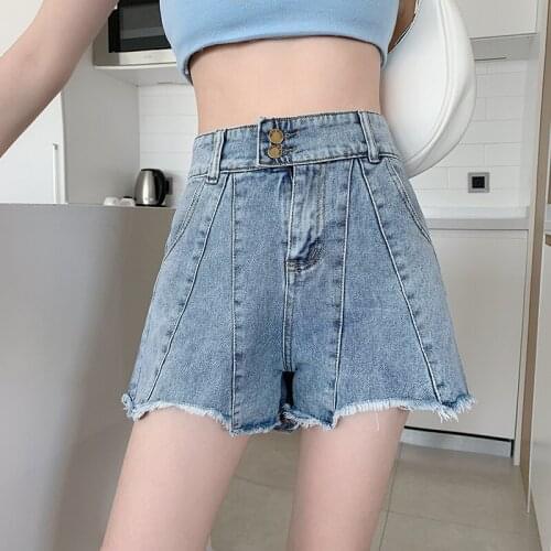 Double-Breasted Burrs Capris Wide Leg Korean Style Fashion WomenS Clothing 2021 Casual Denim High Waist Shorts Female Jeans