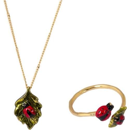 European and American New Fashion Popular Enamel Jewelry Ladybug Small Leaves Delicate Necklace Ring Jewelry Set Women