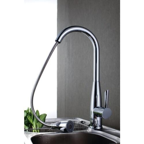 Free ship Chrome color Swivel Pull out Spray Kitchen Sink Faucet mixer tap Single hole deck mounted