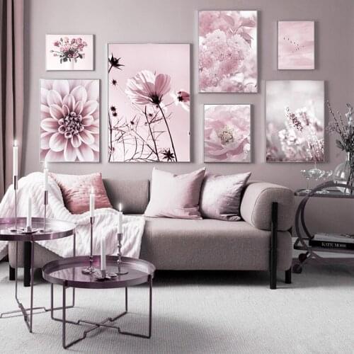 Canvas Painting Nordic Print Posters Pink Flower Cherry Blossom Rose Peony Sky Bird Wall Art Pictures For Home Decoration