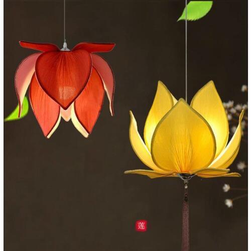 Chinese Fabric Chandelier Classical Lotus Lamp Temple Hall Living Room Modern Pendant Lamp Kitchen Lights Hanging Island Light