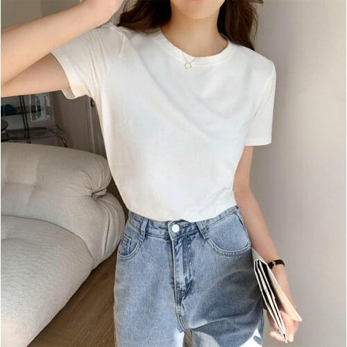 Girls Slim Fit Short Sleeve T Shirts for 2021 Korean Summer Fashion Trend Basic Clothes Womens High Quality Solid Color Tops Tee