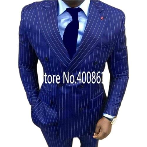 Handsome Royal Blue Stripe Mens Toast Dress Business Suits Double Breasted Party Groom Tuxedos (Jacket+Pants+Tie) W:719