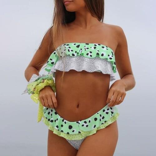 Swimwear Women Two-piece Polka Dot Printing Ruffles Tube Top Swimsuit Women Bikini Beachwear Bathing Suit Miniskirt Biquini