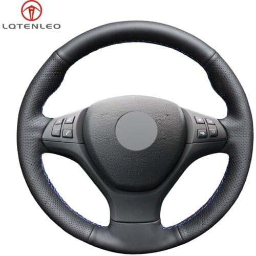 LQTENLEO Black Artificial Leather Car Steering Wheel Cover For BMW M Sport X5 E70 M50d 2006-2013 M Sport X6 E71 M50d 2009-2014
