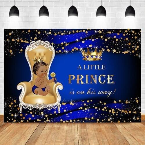 NeoBack Prince Baby Shower Backdrop Royal Blue Gold King Chair Crown Photo Background Glitter Dots Ethnic Baby BoyBackdrops