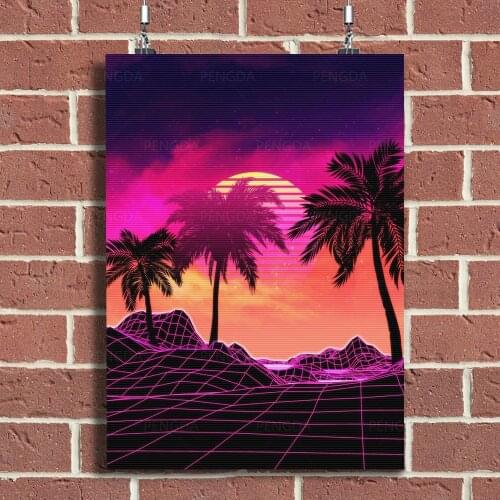 Modular Pictures Dusk Canvas Prints Synthwave Painting Tropical Scenery Wall Art Poster Neon Home Decoration Frame Living Room