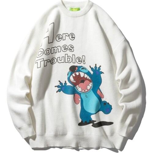 Mens Sweater 2021 Spring Winter Hong Kong Style Mens Loose Knitted Sweater Mens New Street Hip-Hop Cartoon Round Neck Sweater