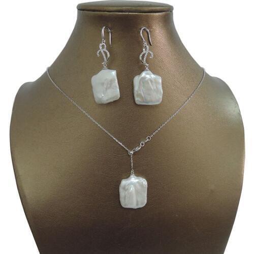 100% NATURE FRESHWATER PEARL JEWELRY SET NECKLACE AND EARRING-good big square baroque pearl, 925 SILVER earring and chain