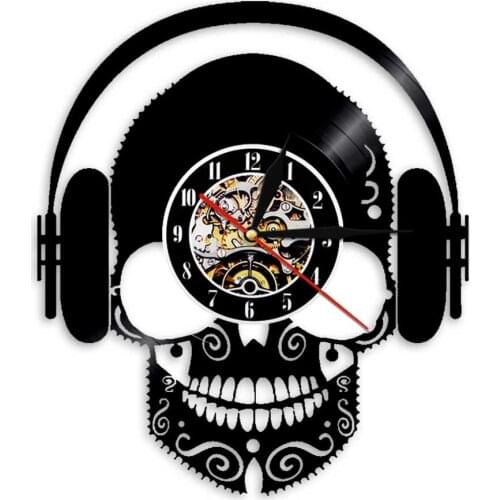Listen To Music Skull Design Art Decorative Wall Clock Headphones Vinyl Record Wall Clock Skull Wearing Headphone Interior Decor