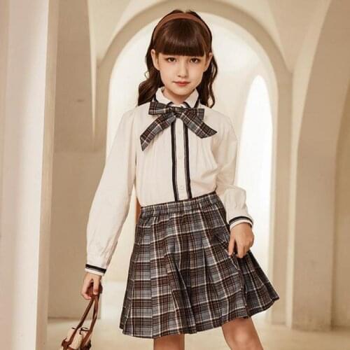 Autumn Spring School Uniform Clothes For Children 2 Piece Clothes Sets 2pcs Shirts And Plaid Skirts Outfits Suits For Girls