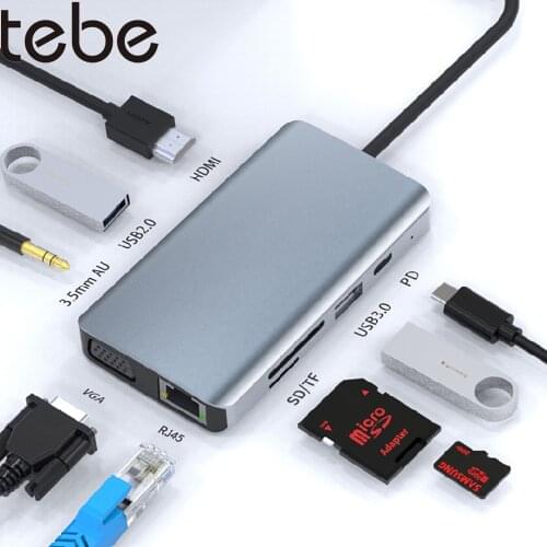 Tebe 9 IN 1 USB C Hub Splitter Type-c to VGA HDMI-compatible RJ45 Ethernet 3.5mm Audio USB 3.0/2.0 SD/TF Card Reader For Macbook