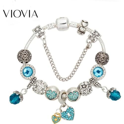 VIOVIA Dropshipping Fashion Jewelry Rhinestone Charms Bracelet & Bangles Heart Beads Fit Original Fine Bracelet For Kids B18041