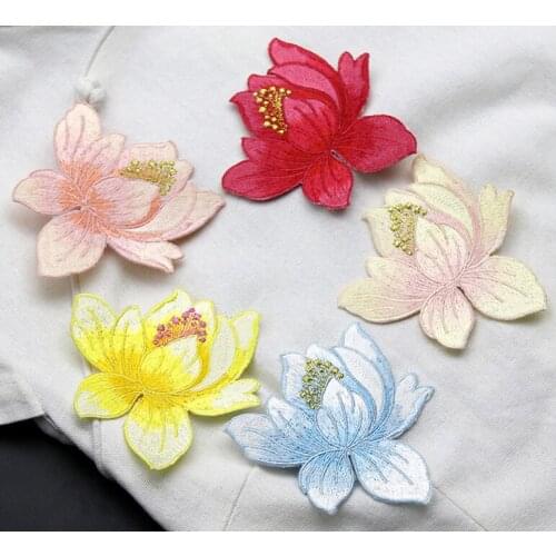 High quality Iron-on patches Lotus Flower Embroidered Applique For Repair Clothes Diy Free Shipping