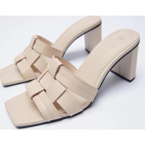 ZAR 2021 Summer New Pink Fashion Square Toe Leather High Heels Sexy Outer Wear Stiletto Muller Sandals And Slippers Women Luxury