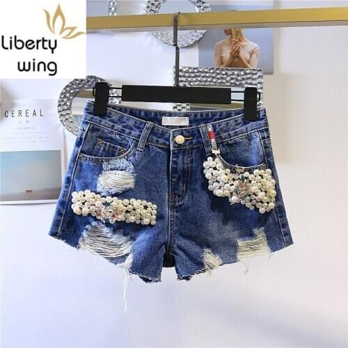 Summer Korean Fashion Womens Shorts Casual Hole Ripped Pearls Woman Denim Trouser Streetwear Zipper Biker Jean Short Femme