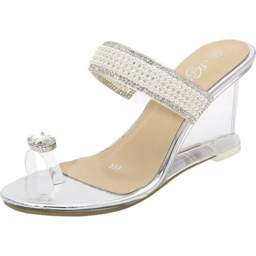 Womens Cute Slippers Transparent Crystal Pearl Sandals PVC Wedges Slides Rhinestone Shoes Women Size 34-43 Flip Flops