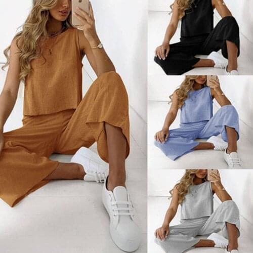SpringSummer WomenCotton LinenSuit Casual Sleeveless O-Neck Shirt AndLoose Pants Suit 2021 Retro SolidColor 2-Piece Set