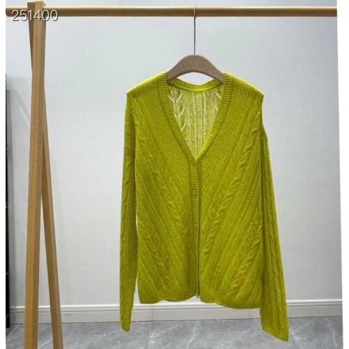 Runway Fashion Women Cardigan Sweater 2021 High Quality Autumn Long Sleeve Solid Knitted Cashmere Silk V-Neck Sweater