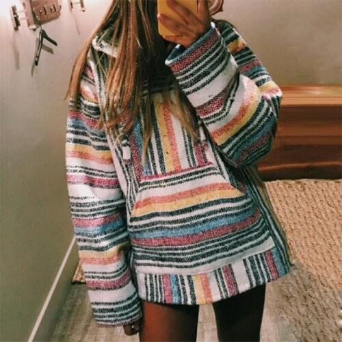 Striped Sweater Long Sleeve Top Casual Hoodie Loose Fashion Streetwear Print Pullovers with Pockets Warm Autumn Clothes Women