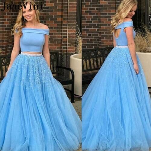 JaneVini Sexy Blue Prom Dress for Plus Size Woman Boat Neck Pearls A Line Two Piece Gown Pageant Formal Dresses Vestidos Largos