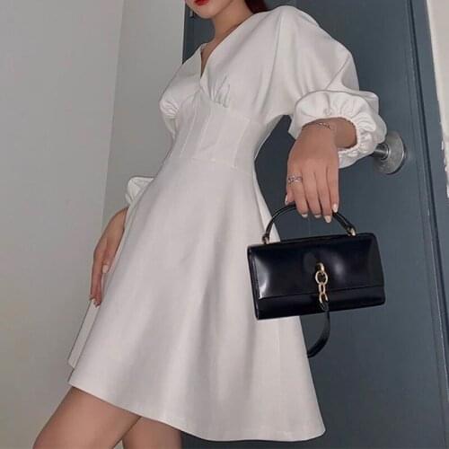 Temperament Women Dress Summer High Waist Sundress 2021 Vneck Casual Vestido Ladies Clothes Long Sleeve V-neck Sexy Mini Dresses