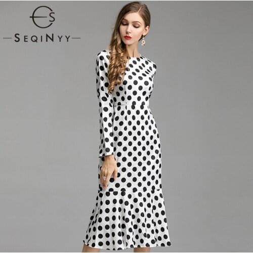 SEQINYY Vintage Dot Dress Print 2020 Spring Autumn New Fashion Design Women Runway Mermaid Slim Dobby White Midi