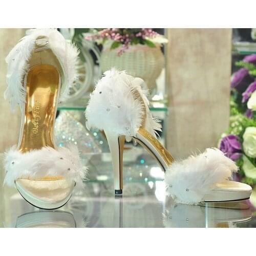 2020 Popular Fashion Ladys White Satin Feather Wedding Bridesmaid Party Prom Dress Heels Shoes evening party dress shoes