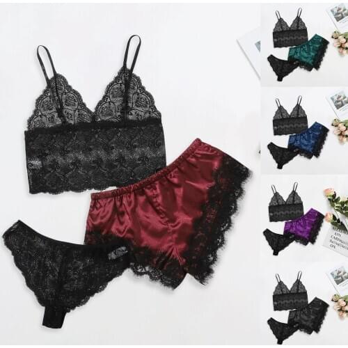 3-piece Sexy Satin Lace Pajamas Set Women Silk Underwear Sleepwear Sleeveless Sling+Panties+shorts Split Nightie Suit pijamas