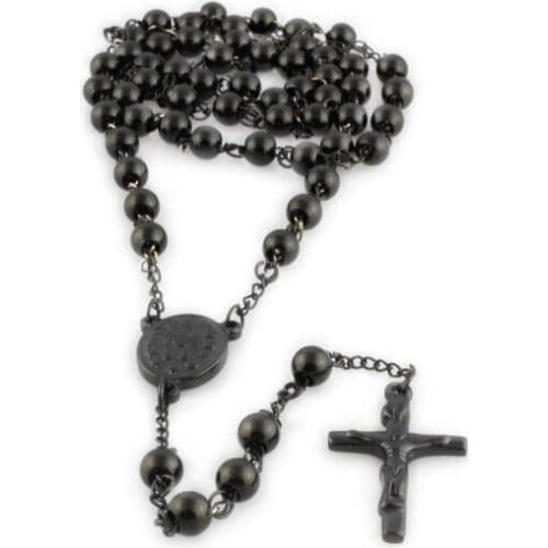 4/6/8mm Full Black Filled Stainless Steel Bless Rosary Beads Link Trendy Sweater Chain Catholic Men Womens Necklace Jewelry
