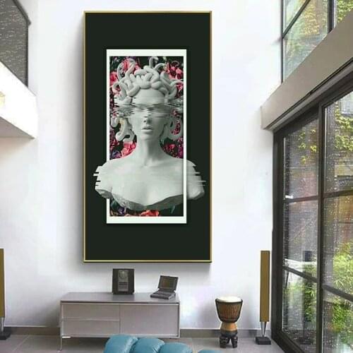 Flowers and Vaporwave Sculpture of Medusa Canvas Paintings Posters Print Wall Art Medusa Pictures Living Room Home Decor Cuadros