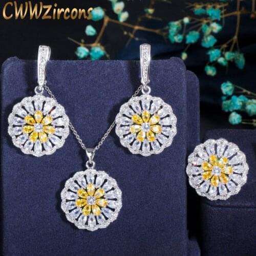 CWWZircons Super Shiny Yellow CZ Crystal Round Dangle Drop Sunflower Earrings Necklace Ring Fashion Women Jewelry Sets T321