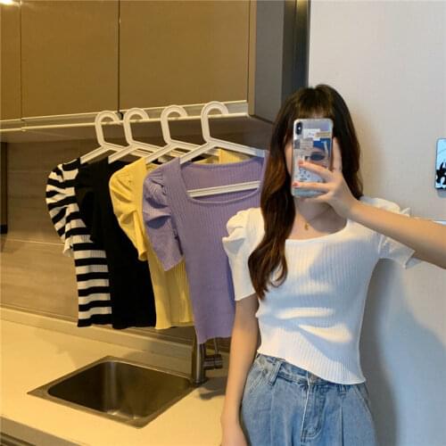 Student Black Square Neck Short-sleeved T-shirt Female Summer New Korean Style Slim Slimming Casual Top