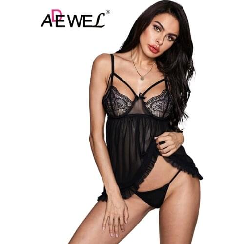 ADEWEL Black Back Lace Bodysuit Strappy Mesh Babydoll With Split Women Combinaison Pantalon Femme Push Up Body Fiesta Mujer L