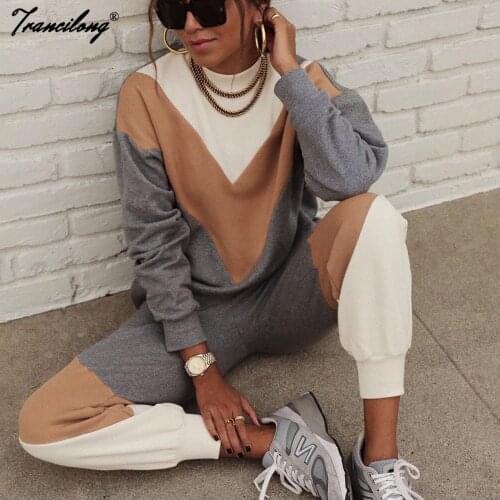 Spliced Loose Full Sleeve Casual Fleece Tracksuit Women Autumn Two Piece Set O Neck Sweatshirt Sports Wear Jogging Femme Suits